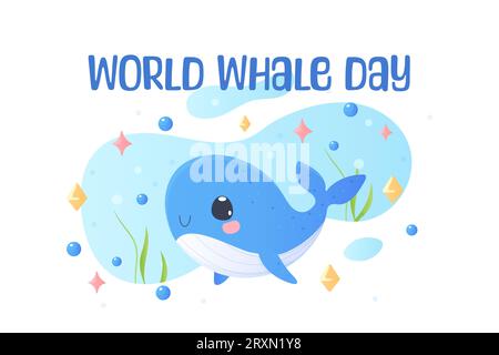 world whale day. Postcard, whale holding the earth. Tshirt print, baby. blue whales, childrens icons for stickers, baby shower, books. Stock Vector