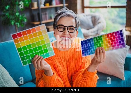 Photo of smiling positive mature lady dressed orange sweater rising showing decoration colors palettes indoors house room Stock Photo