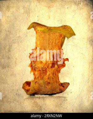 Tasty eaten green apple reflected on white isolated background. Front view Stock Photo