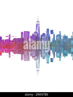 Illustration of the Lower Manhattan skyline along the Hudson River. Stock Photo