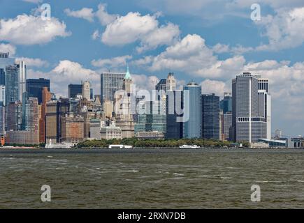 NYC’s Financial District: the tip of Manhattan except Battery Park City. View from St. George-Midtown ferry. Stock Photo