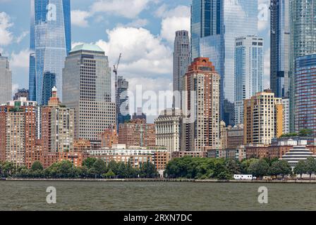 NYC’s Financial District: the tip of Manhattan except Battery Park City. View from St. George-Midtown ferry. Stock Photo