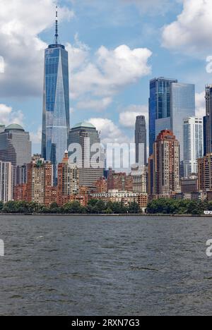 NYC’s Financial District: the tip of Manhattan except Battery Park City. View from St. George-Midtown ferry. Stock Photo