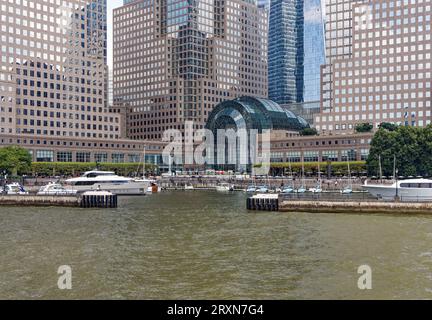 César Pelli- designed Brookfield Place complex, opened in 1985 as World Financial Center; grew to six buildings in 2013. Shops, restaurants, offices. Stock Photo