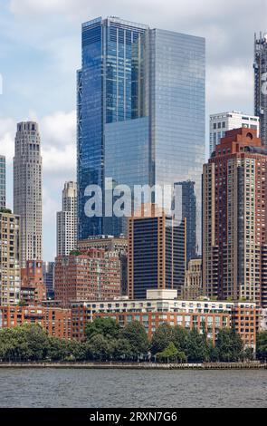 NYC’s Financial District: the tip of Manhattan except Battery Park City. View from St. George-Midtown ferry. Stock Photo