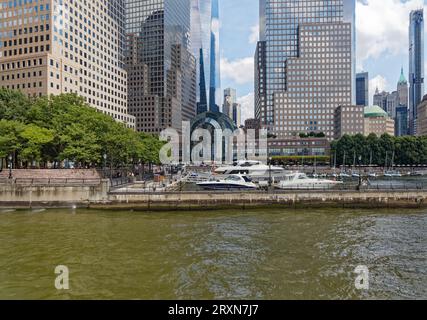 César Pelli- designed Brookfield Place complex, opened in 1985 as World Financial Center; grew to six buildings in 2013. Shops, restaurants, offices. Stock Photo