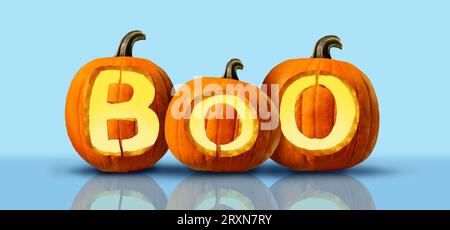 Halloween Boo Pumpkin lantern and Jack O Lantern as funny spooky orange trick or treat pumpkins with carved text as a marketing message on a blue back Stock Photo