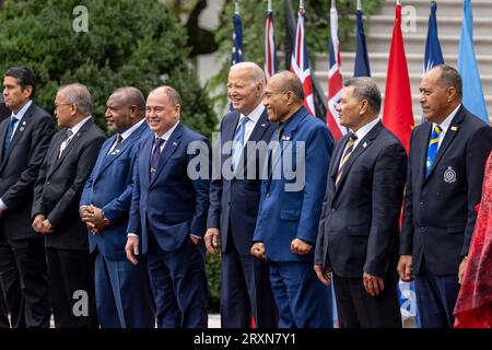 Washington, United States. 25th Sep, 2023. U.S President Joe Biden, center, poses with the Pacific Islands Forum leaders during the 2nd Summit meeting at the White House, September 25, 2023, in Washington, DC From left, Palau President Surangel Whipps Jr., Marshall Islands President David Kabua, Papua New Guinean Prime Minister James Marape, Cook Islands Prime Minister Mark Brown, U.S. President Joe Biden, Kiribati President Taneti Maamau, Tuvaluan Prime Minister Kausea Natano, and Premier of Niue Dalton Tagelagi. Credit: Adam Schultz/White House Photo/Alamy Live News Stock Photo