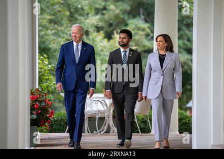 Washington, United States. 22 September, 2023. U.S. President Joe Biden, left, walks with Rep. Maxwell Frost D-FL, center, and Vice President Kamala Harris, right, to an event announcing the creation of the Office of Gun Violence Prevention in the Rose Garden of the White House, September 22, 2023, in Washington, D.C.  Credit: Adam Schultz/White House Photo/Alamy Live News Stock Photo
