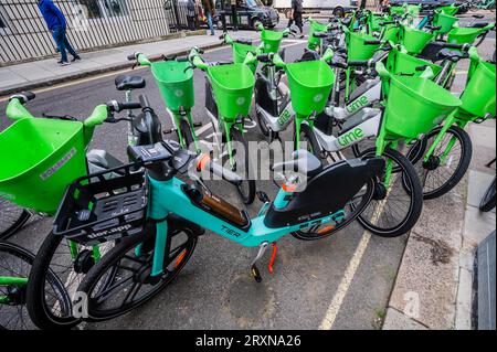 London, UK. 26th Sep, 2023. A huge group of Discarded Lime bikes clog up King Street in St James. Credit: Guy Bell/Alamy Live News Stock Photo