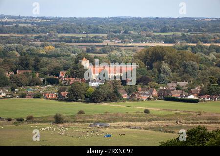 Dorchester-on-Thames Abbey viewed from the Wittenham Clumps, Dorchester-on-Thames, Oxfordshire, England, United Kingdom, Europe Stock Photo