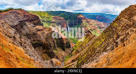 Scenic view of Waimea Canyon with Waipoo Falls in background, Hawaii, USA Stock Photo