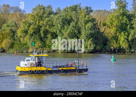 Ferry boat Stephanie with cyclists on board crossing the river Scheldt between Sint-Amands and Moerzeke, Puurs-Sint-Amands, Antwerp, Flanders, Belgium Stock Photo