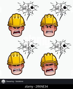 Icon set of a construction worker face with Swearing emotional expression variations. All elements neatly on well described layers and groups. Stock Vector