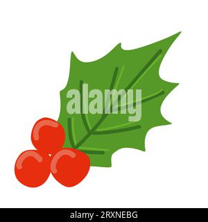 Cute holly isolated on white background. Color Vector Flat illustration. Christmas elements for Decoration, Design art, Postcard, Greeting Card. Festi Stock Vector