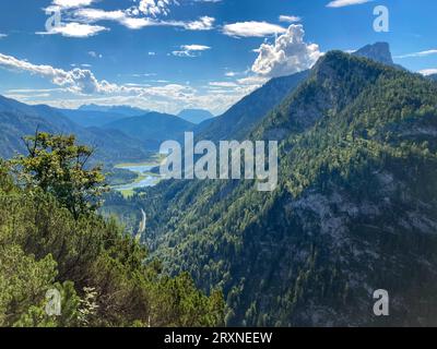 View of the lake area near Ruhpolding with Loedensee, Mittersee and Weitsee, on the right the peak of the Hoerndlwand, Chiemgau Alps, Bavaria, Germany Stock Photo