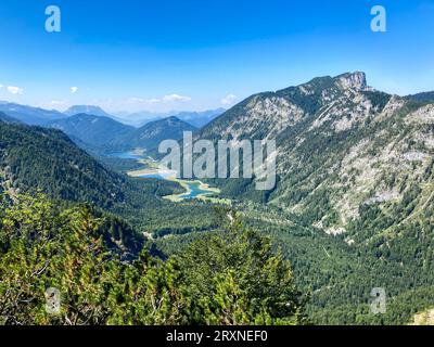 View of the lake area near Ruhpolding with Loedensee, Mittersee and Weitsee, on the right the peak of the Hoerndlwand, Chiemgau Alps, Bavaria, Germany Stock Photo