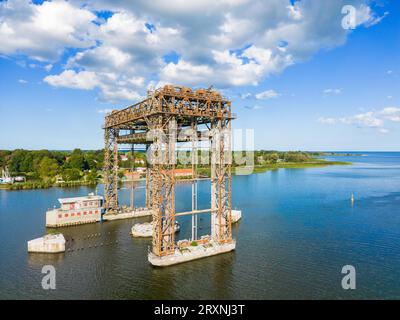 Aerial view, drone photo of the Karnin lift bridge, ruins of the Karnin railway bridge, Usedom Island, Mecklenburg-Western Pomerania, Germany Stock Photo