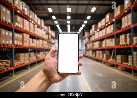 Closeup of man hands using mobile phone in warehouse, white screen, mockup, with industry background Stock Photo