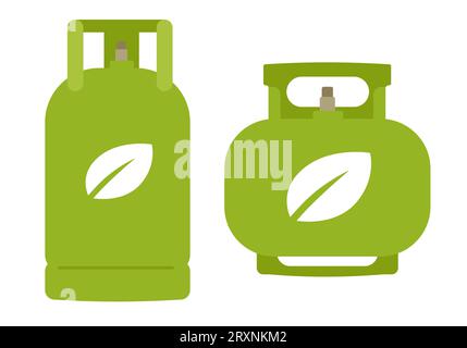 Green biogas biomass LPG Liquefied petroleum gas household natural cooking bottle container green and leaf Stock Vector