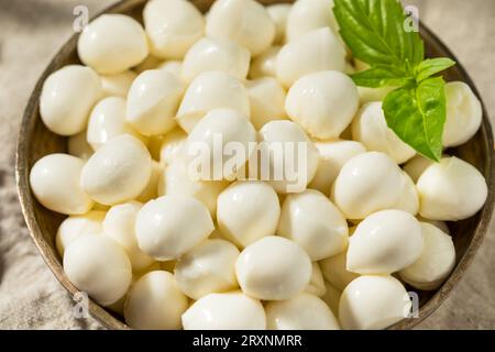 Healthy Raw Organic Mozzarella Pearls with Basil Stock Photo