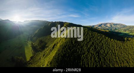 Drone view of fog floating over valley in Andes, Imbabura Province, Ecuador Stock Photo