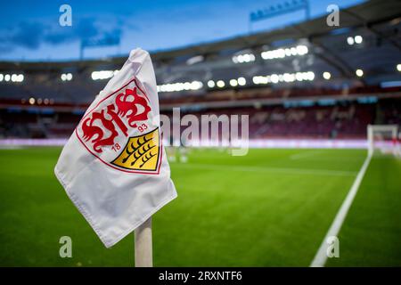 Bundesliga football, stadium, corner flag, marking, VfB logo, turf, blue hour, MHPArena, MHP Arena Stuttgart, Baden-Wuerttemberg, Germany Stock Photo