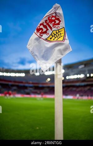 Bundesliga football, stadium, corner flag, marking, VfB logo, turf, blue hour, MHPArena, MHP Arena Stuttgart, Baden-Wuerttemberg, Germany Stock Photo