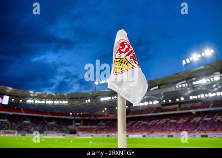 Bundesliga football, stadium, corner flag, marking, VfB logo, turf, blue hour, MHPArena, MHP Arena Stuttgart, Baden-Wuerttemberg, Germany Stock Photo