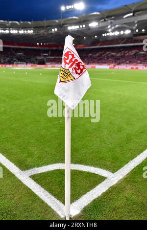 Bundesliga football, stadium, corner flag, marking, VfB logo, turf, blue hour, MHPArena, MHP Arena Stuttgart, Baden-Wuerttemberg, Germany Stock Photo