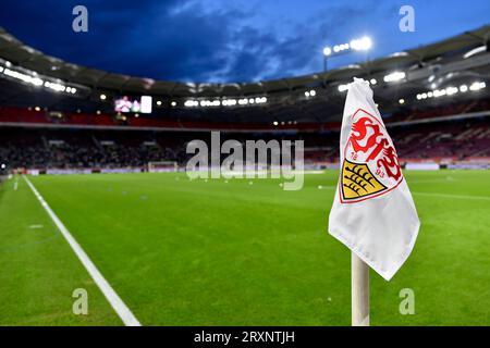 Bundesliga football, stadium, corner flag, marking, VfB logo, turf, blue hour, MHPArena, MHP Arena Stuttgart, Baden-Wuerttemberg, Germany Stock Photo