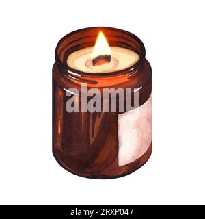 Watercolor cozy burning candle in brown glass jar, winter home interior decor. Illustration isolated on white background. Soy candles are burning in a Stock Photo