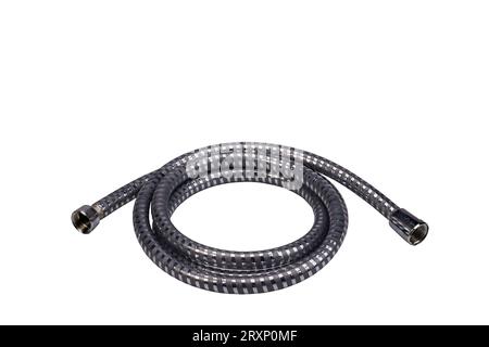 Close up view of flexible shower hose isolated on white background. Stock Photo