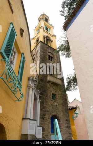 Colourful Italian-style bell tower and buildings in Portmeirion village Wales Stock Photo