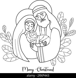 Holy Family. Merry Christmas. Virgin Mary, saint Joseph and baby Jesus. Birth of Savior Christ. Vector illustration. outline hand drawing for Xmas hol Stock Vector