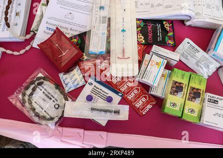 Nakuru, Kenya. 26th Sep, 2023. A variety of contraceptives on display during the national celebrations of The World Contraception Day. According to data from Kenya Demographic and Health Survey (KDHS) Kenya has made significant progress in promoting access to family planning and increasing modern contraceptive prevalence rate from 53% in 2014 to 57% in 2022, with unmet need for family planning reducing slightly from 18% to 14% while teenage pregnancy has fallen from 18% to 15%. Credit: SOPA Images Limited/Alamy Live News Stock Photo