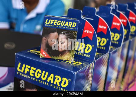 Nakuru, Kenya. 26th Sep, 2023. Boxes of condoms are displayed during the national celebrations of The World Contraception Day. According to data from Kenya Demographic and Health Survey (KDHS) Kenya has made significant progress in promoting access to family planning and increasing modern contraceptive prevalence rate from 53% in 2014 to 57% in 2022, with unmet need for family planning reducing slightly from 18% to 14% while teenage pregnancy has fallen from 18% to 15%. Credit: SOPA Images Limited/Alamy Live News Stock Photo