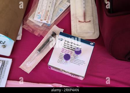 Nakuru, Kenya. 26th Sep, 2023. Pfizer contraceptive, Depo Provera, is displayed during the national celebrations of The World Contraception Day. According to data from Kenya Demographic and Health Survey (KDHS) Kenya has made significant progress in promoting access to family planning and increasing modern contraceptive prevalence rate from 53% in 2014 to 57% in 2022, with unmet need for family planning reducing slightly from 18% to 14% while teenage pregnancy has fallen from 18% to 15%. Credit: SOPA Images Limited/Alamy Live News Stock Photo