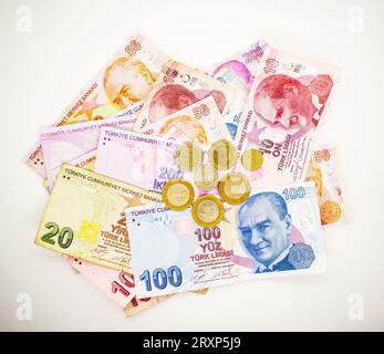 Turkish Lira - Turkish Banknotes - local currency coins and banknotes, featuring image of Ataturk, in Republic of Turkey Stock Photo