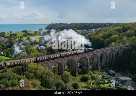 Aerial view of Dartmouth Steam Train on Hookhills Viaduct by the sea in Paignton, Devon Stock Photo