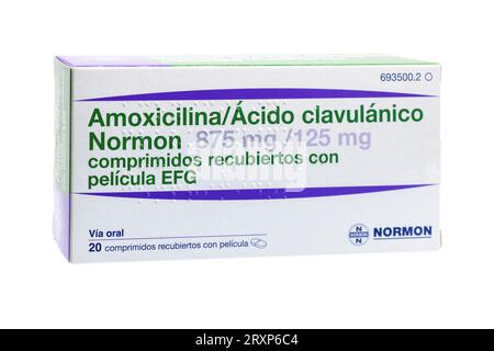 Huelva, Spain - September 25, 2023: Spanish box of a combination of amoxicillin and clavulanic acid, used to treat certain infections caused by bacter Stock Photo