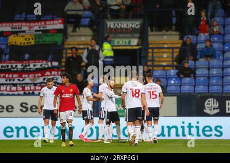 Bolton, UK. 26th Sep, 2023. Bolton Wanderers players celebrate going 1-0 up during the EFL Trophy match Bolton Wanderers vs Manchester United U21 at Toughsheet Community Stadium, Bolton, United Kingdom, 26th September 2023 (Photo by Gareth Evans/News Images) Credit: News Images LTD/Alamy Live News Stock Photo