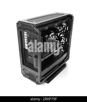 Gaming computer isolated. Modern computer case with components. Front ...