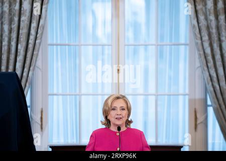 Washington, United States. 26th Sep, 2023. Former Secretary of State Hillary Rodham Clinton speaks during her portrait unveiling at the U.S. State Department in Washington, DC on Tuesday, September 26, 2023. Photo by Bonnie Cash/UPI Credit: UPI/Alamy Live News Stock Photo