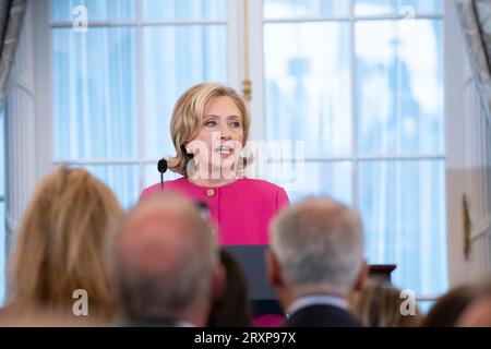 Washington, United States. 26th Sep, 2023. Former Secretary of State Hillary Rodham Clinton speaks during her portrait unveiling at the U.S. State Department in Washington, DC on Tuesday, September 26, 2023. Photo by Bonnie Cash/UPI Credit: UPI/Alamy Live News Stock Photo