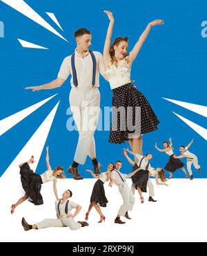Stylish, positive young people, man and woman in retro clothes cheerfully dancing. Party time. Colorful design. Stock Photo