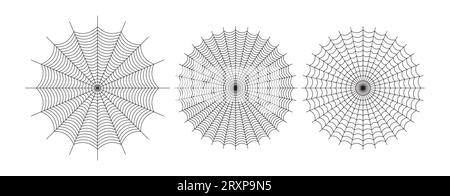 Symmetrical spider web icon. Geometric halloween badge. Minimal spooky sticker. Stock Vector