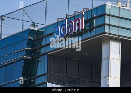 Mumbai, Maharashtra, India. 26th Sep, 2023. A logo of the Adani Group can be seen at the top of a building in Mumbai, India on September 26, 2023 (Credit Image: © Kabir Jhangiani/ZUMA Press Wire) EDITORIAL USAGE ONLY! Not for Commercial USAGE! Stock Photo