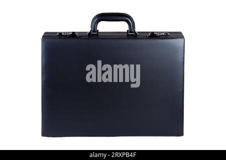 Classic big black premium quality business briefcase with with a handle, side view, object isolated on white background, cut out, nobody, asset design Stock Photo