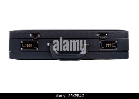 Classic big black premium quality business briefcase with with code lock and a handle, top view, object isolated on white background, cut out, nobody, Stock Photo